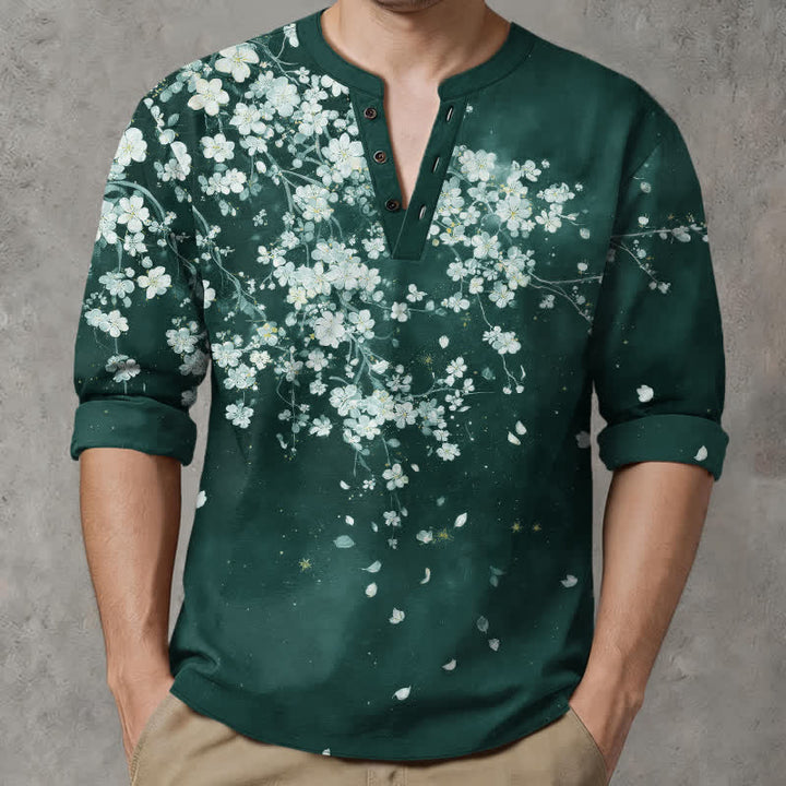Buddha Stones Cotton Falling Petal Floral Pattern V-Neck Buttons Men's Long Sleeve Shirts - image 8