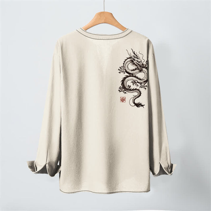 Buddha Stones Cotton Oriental Dragon Pattern V-Neck Buttons Men's Long Sleeve Shirts - image 3