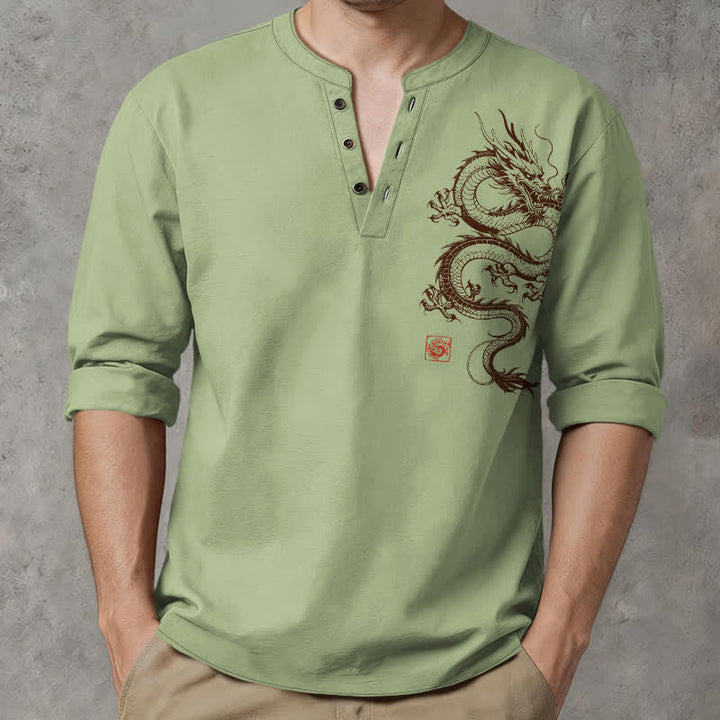 Buddha Stones Cotton Oriental Dragon Pattern V-Neck Buttons Men's Long Sleeve Shirts - LightGreen - US/UK/AU48，EU58 (4XL) - image 7