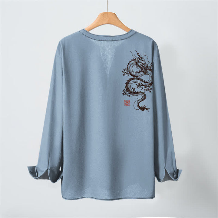 Buddha Stones Cotton Oriental Dragon Pattern V-Neck Buttons Men's Long Sleeve Shirts - image 17