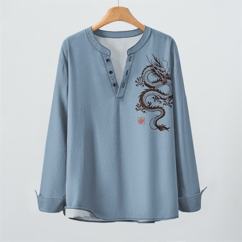 Buddha Stones Cotton Oriental Dragon Pattern V-Neck Buttons Men's Long Sleeve Shirts - image 16