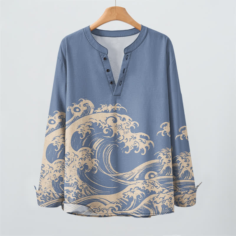 Buddha Stones Cotton Vintage Wave Cloud Pattern V-Neck Buttons Men's Long Sleeve Shirts - image 2