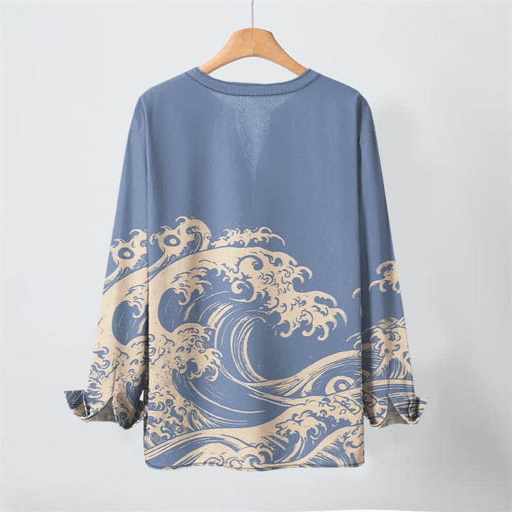 Buddha Stones Cotton Vintage Wave Cloud Pattern V-Neck Buttons Men's Long Sleeve Shirts - image 3