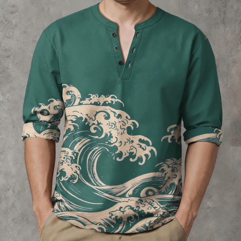 Buddha Stones Cotton Vintage Wave Cloud Pattern V-Neck Buttons Men's Long Sleeve Shirts - image 8