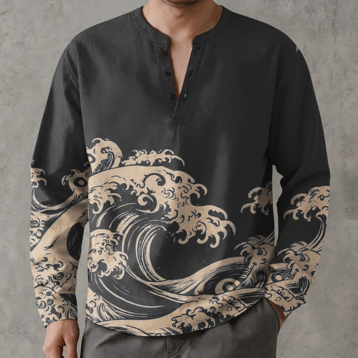Buddha Stones Cotton Vintage Wave Cloud Pattern V-Neck Buttons Men's Long Sleeve Shirts - DarkSlateGray - US/UK/AU48，EU58 (4XL) - image 14