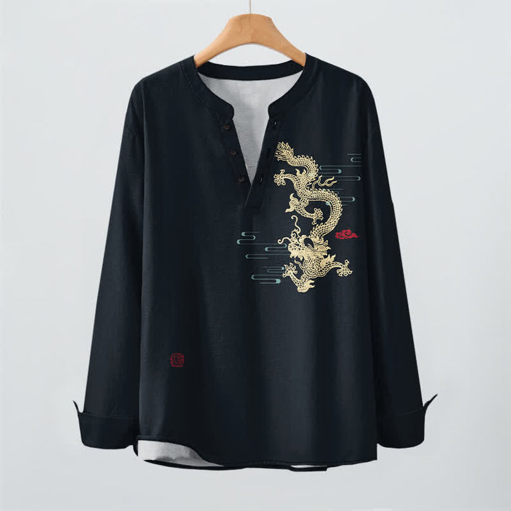 Buddha Stones Cotton Golden Dragon Cloud Pattern V Neck Buttons Men's Long Sleeve Shirts - image 9
