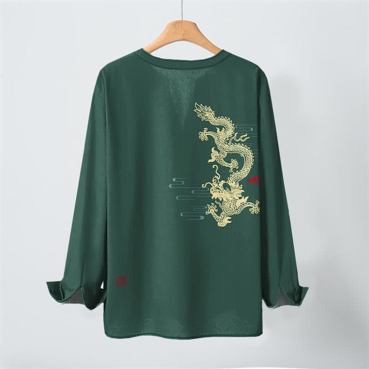 Buddha Stones Cotton Golden Dragon Cloud Pattern V Neck Buttons Men's Long Sleeve Shirts - image 17