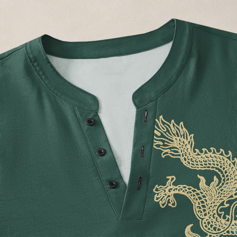 Buddha Stones Cotton Golden Dragon Cloud Pattern V Neck Buttons Men's Long Sleeve Shirts - image 18