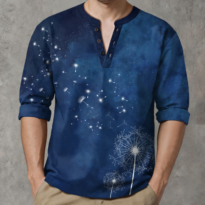 Buddha Stones Cotton Dandelion Seed Pattern V-Neck Buttons Men's Long Sleeve Shirts - image 1