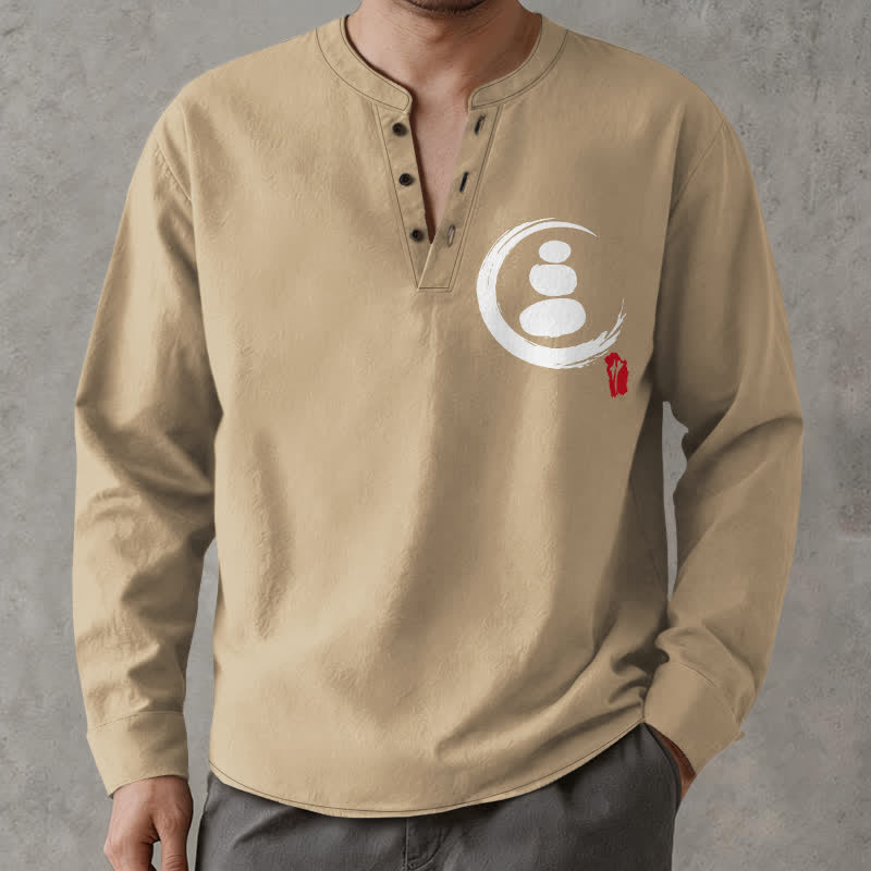 Buddha Stones Cotton Minimal Zen Symbol Pattern V-Neck Buttons Men's Long Sleeve Shirts - image 1