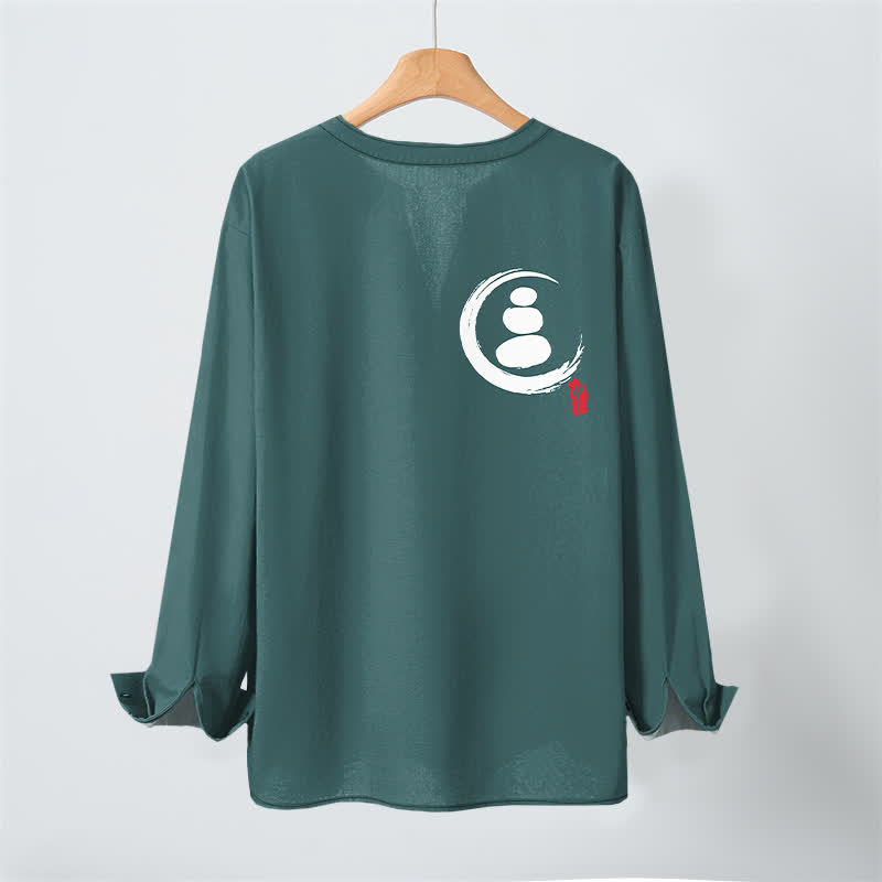 Buddha Stones Cotton Minimal Zen Symbol Pattern V-Neck Buttons Men's Long Sleeve Shirts - image 10
