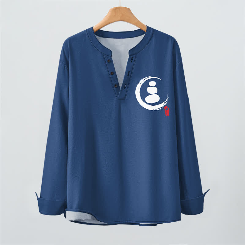 Buddha Stones Cotton Minimal Zen Symbol Pattern V-Neck Buttons Men's Long Sleeve Shirts - image 16