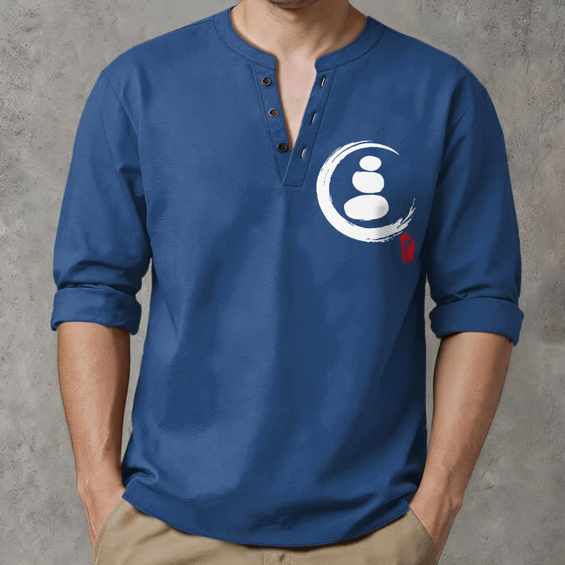 Buddha Stones Cotton Minimal Zen Symbol Pattern V-Neck Buttons Men's Long Sleeve Shirts - SteelBlue - US/UK/AU48，EU58 (4XL) - image 14