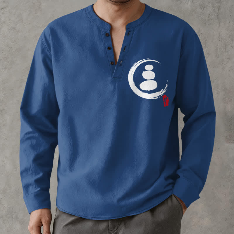 Buddha Stones Cotton Minimal Zen Symbol Pattern V-Neck Buttons Men's Long Sleeve Shirts - image 15