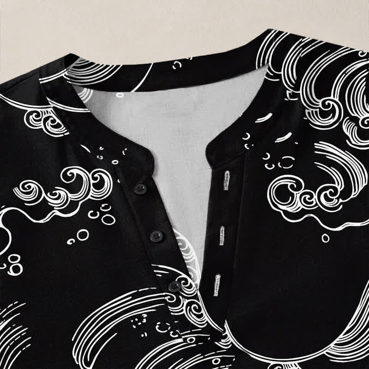 Buddha Stones Cotton Cloud Wave Pattern V-Neck Buttons Men's Long Sleeve Shirts - image 11