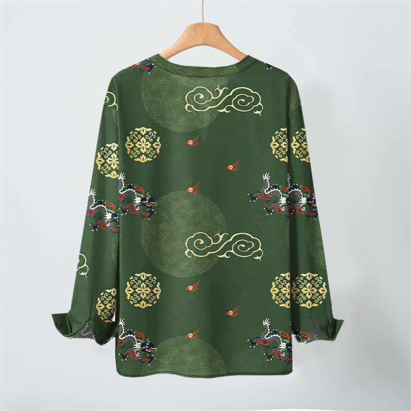 Buddha Stones Cotton Dragon Cloud Pattern V-Neck Buttons Men's Long Sleeve Shirts - image 3