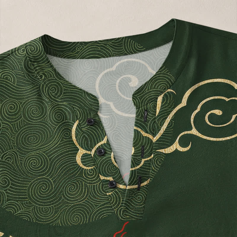 Buddha Stones Cotton Dragon Cloud Pattern V-Neck Buttons Men's Long Sleeve Shirts - image 4