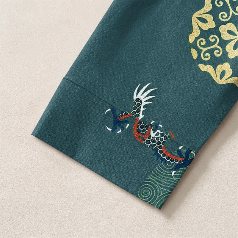 Buddha Stones Cotton Dragon Cloud Pattern V-Neck Buttons Men's Long Sleeve Shirts - image 12