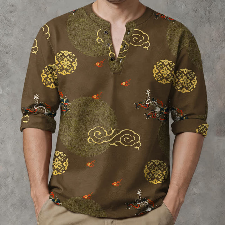 Buddha Stones Cotton Dragon Cloud Pattern V-Neck Buttons Men's Long Sleeve Shirts - image 15