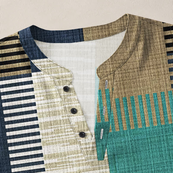 Buddha Stones Cotton Retro Geometric Patchwork Pattern V-Neck Buttons Men's Long Sleeve Shirts - image 18