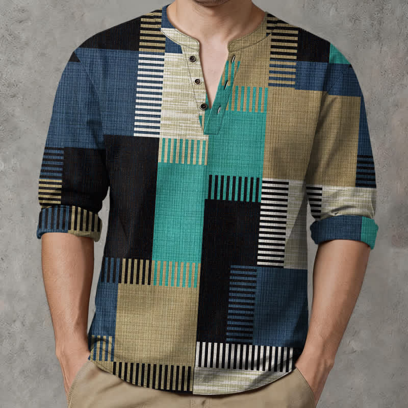 Buddha Stones Cotton Retro Geometric Patchwork Pattern V-Neck Buttons Men's Long Sleeve Shirts - Turquoise - US/UK/AU48，EU58 (4XL) - image 14