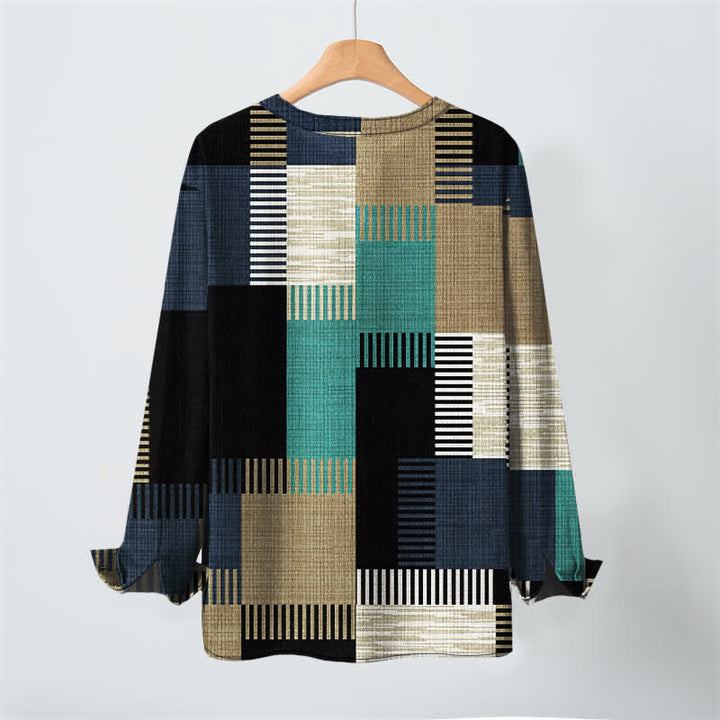 Buddha Stones Cotton Retro Geometric Patchwork Pattern V-Neck Buttons Men's Long Sleeve Shirts - image 17