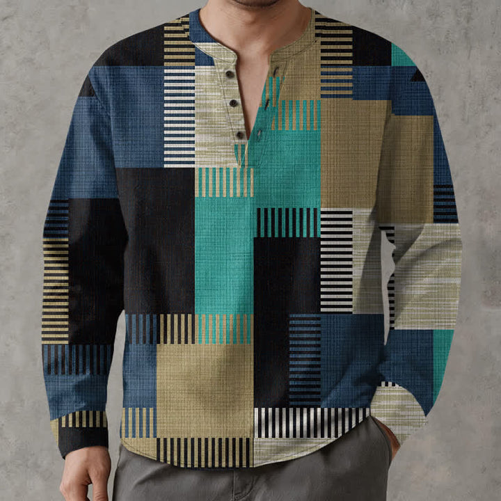 Buddha Stones Cotton Retro Geometric Patchwork Pattern V-Neck Buttons Men's Long Sleeve Shirts - image 15