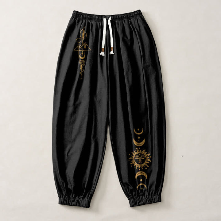 Buddha Stones Pure Cotton Moon Phase Sun Pattern Drawstring Men's Harem Pants With Pockets - image 1