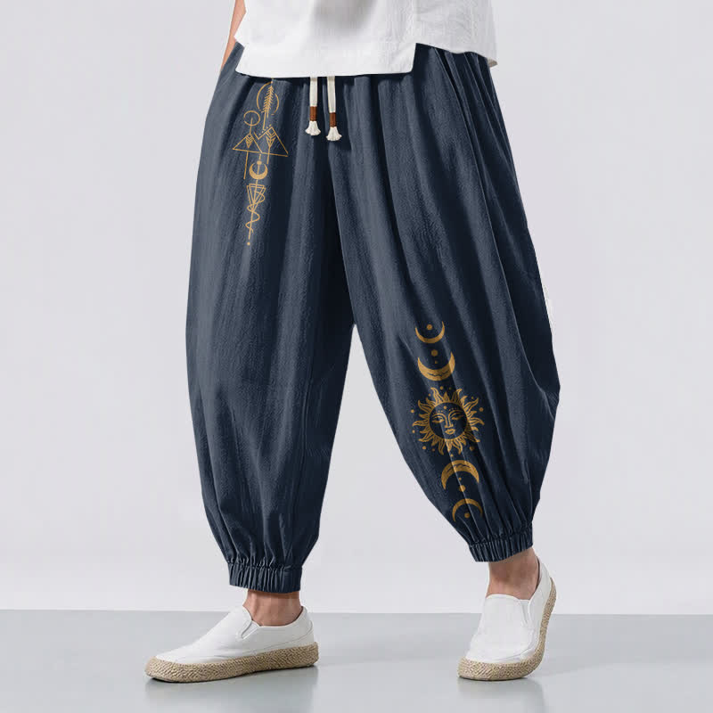 Buddha Stones Pure Cotton Moon Phase Sun Pattern Drawstring Men's Harem Pants With Pockets - SteelBlue - US/UK/AU50，EU60 (5XL) - image 6