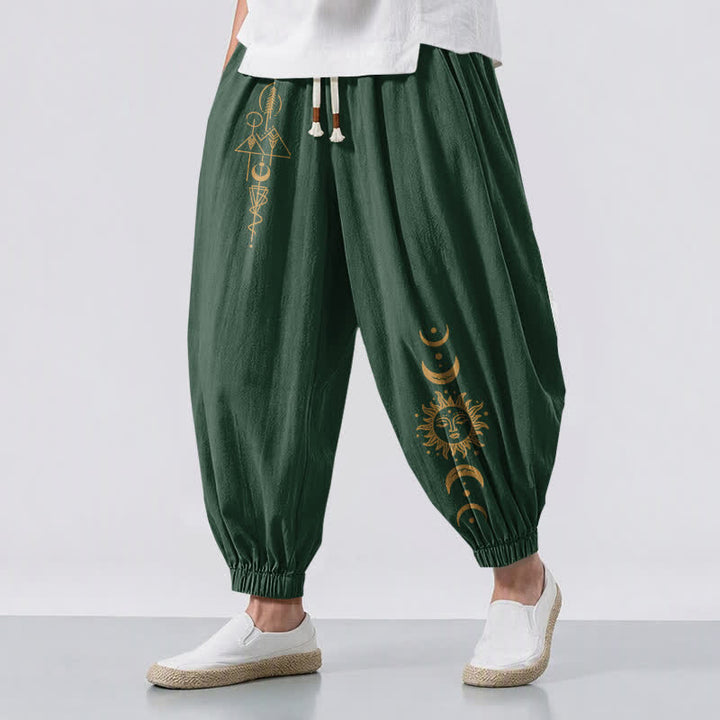 Buddha Stones Pure Cotton Moon Phase Sun Pattern Drawstring Men's Harem Pants With Pockets - SeaGreen - US/UK/AU50，EU60 (5XL) - image 12