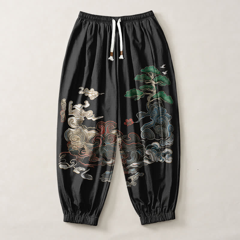 Buddha Stones Pure Cotton Auspicious Cloud Pine Pattern Drawstring Men's Harem Pants With Pockets - image 1