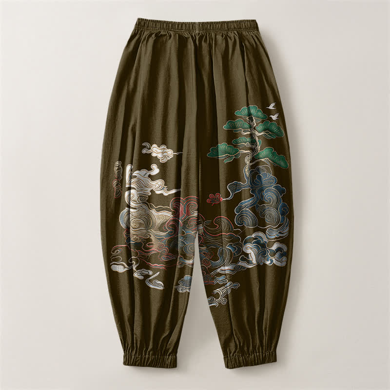 Buddha Stones Pure Cotton Auspicious Cloud Pine Pattern Drawstring Men's Harem Pants With Pockets - image 8
