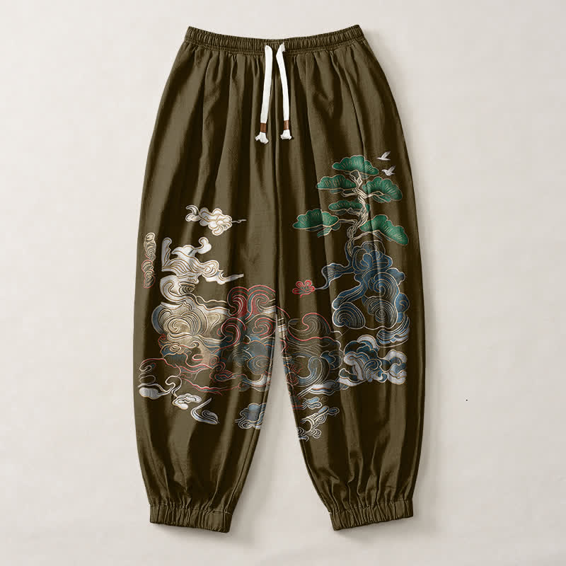 Buddha Stones Pure Cotton Auspicious Cloud Pine Pattern Drawstring Men's Harem Pants With Pockets - image 7
