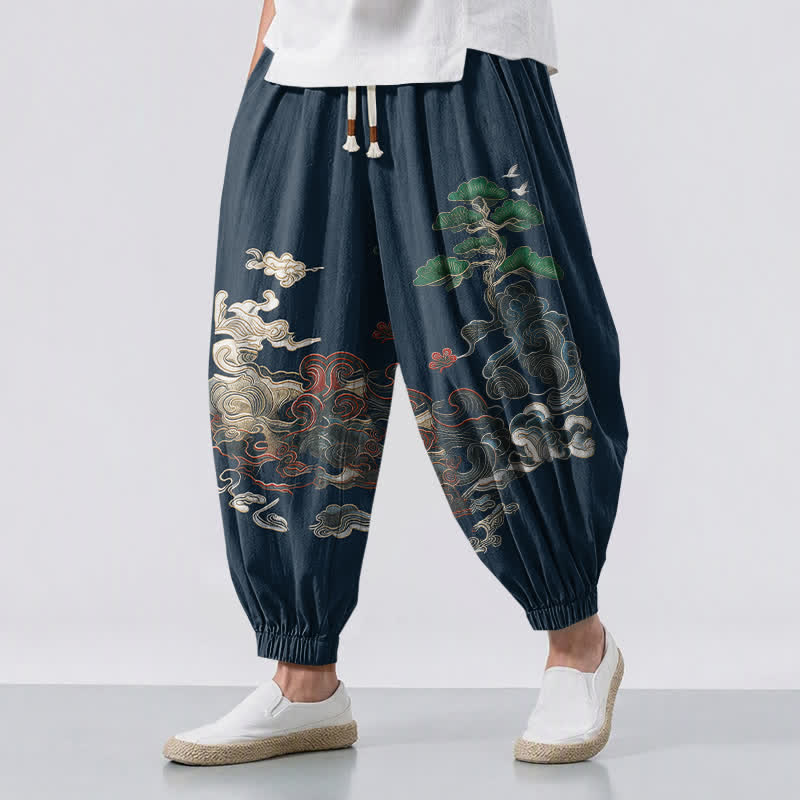 Buddha Stones Pure Cotton Auspicious Cloud Pine Pattern Drawstring Men's Harem Pants With Pockets - Navy - US/UK/AU50，EU60 (5XL) - image 12