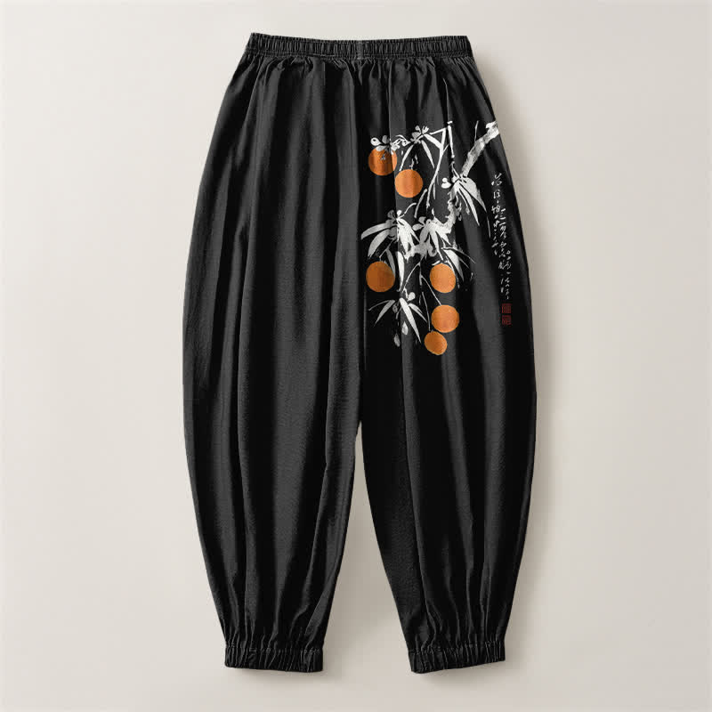 Buddha Stones Pure Cotton Bamboo Branch Pattern Drawstring Men's Harem Pants With Pockets - image 2