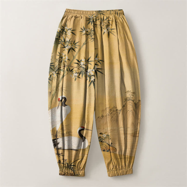 Buddha Stones Pure Cotton Crane Bamboo Blossom Pattern Drawstring Men's Harem Pants With Pockets - image 2