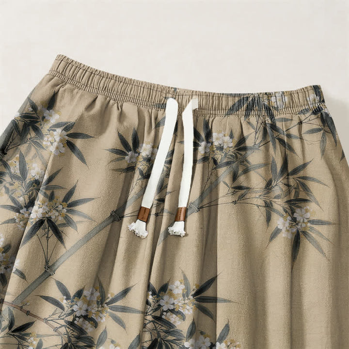Buddha Stones Pure Cotton Crane Bamboo Blossom Pattern Drawstring Men's Harem Pants With Pockets - image 15