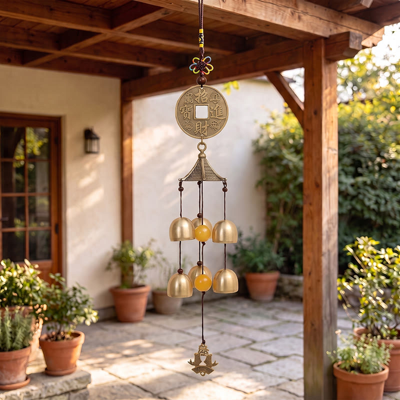 Buddha Stones Brass Coin Koi Fish Fortune Pagoda Hanging Bells & Chimes - Wealth - image 0