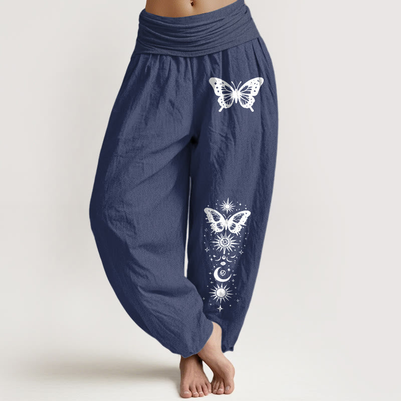 Buddha Stones Pure Cotton Moon Star Butterfly Pattern Women's Elastic Waist Harem Pants - DarkSlateBlue - US16，UK/AU20，EU48 (3XL) - image 5
