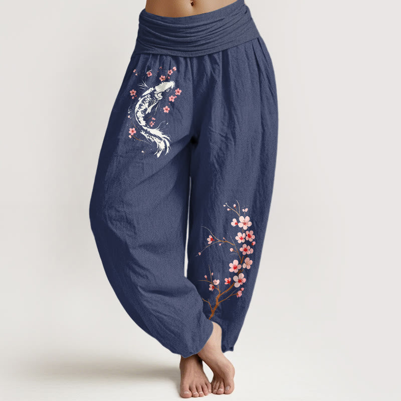 Buddha Stones Pure Cotton Koi Flower Branch Pattern Women's Elastic Waist Harem Pants - DarkSlateBlue - US16，UK/AU20，EU48 (3XL) - image 5