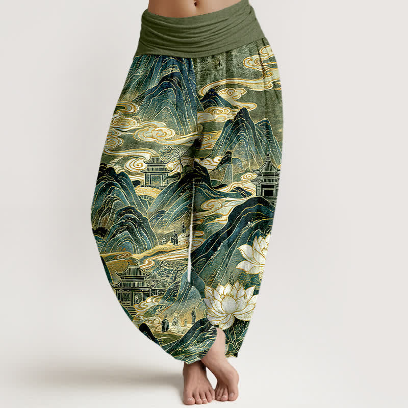 Buddha Stones Cotton Lotus Cloud Pattern Women's Elastic Waist Harem Pants - DarkOliveGreen - US16，UK/AU20，EU48 (3XL) - image 5