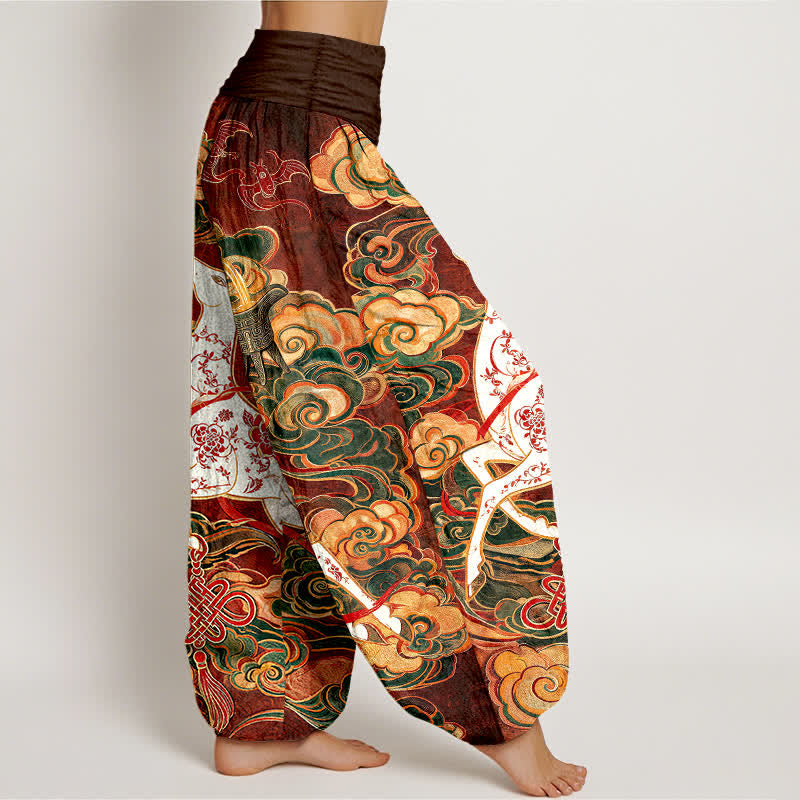 Buddha Stones Cotton Ornate Auspicious Cloud Chinese Knot Pattern Women's Elastic Waist Harem Pants - image 2