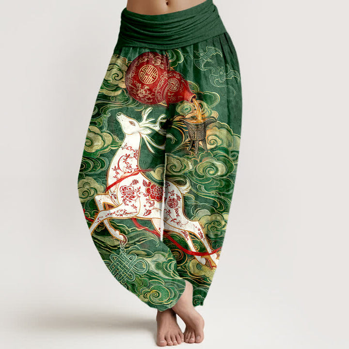 Buddha Stones Cotton Ornate Auspicious Cloud Chinese Knot Pattern Women's Elastic Waist Harem Pants - DarkGreen - US16，UK/AU20，EU48 (3XL) - image 5
