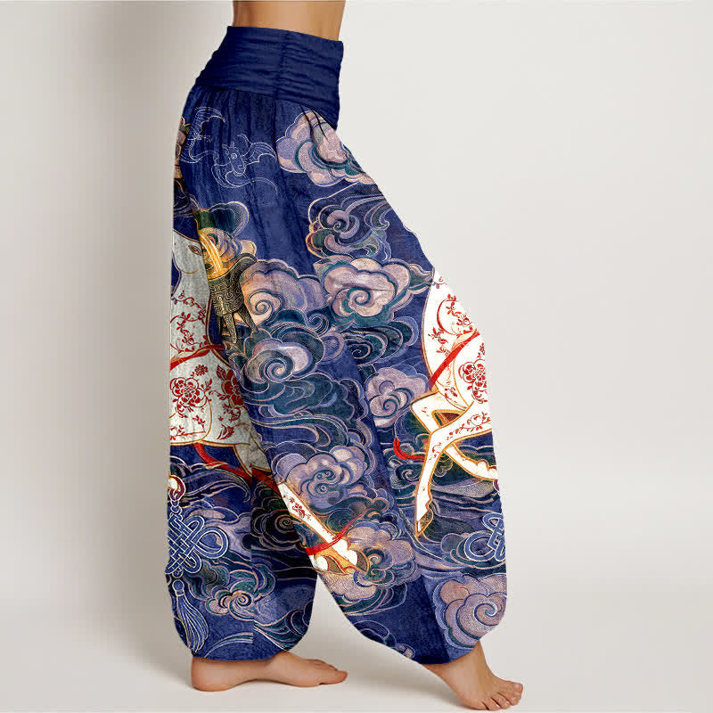 Buddha Stones Cotton Ornate Auspicious Cloud Chinese Knot Pattern Women's Elastic Waist Harem Pants - image 10
