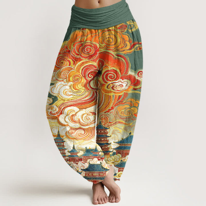 Buddha Stones Cotton Ethnic Floral Spiral Pattern Women's Elastic Waist Harem Pants - DarkOliveGreen - US16，UK/AU20，EU48 (3XL) - image 5