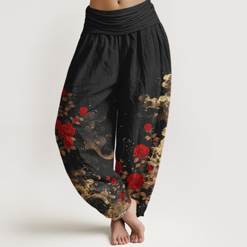Buddha Stones Cotton Bohemian Rose Cloud Pattern Women's Elastic Waist Harem Pants - Black - US16，UK/AU20，EU48 (3XL) - image 0