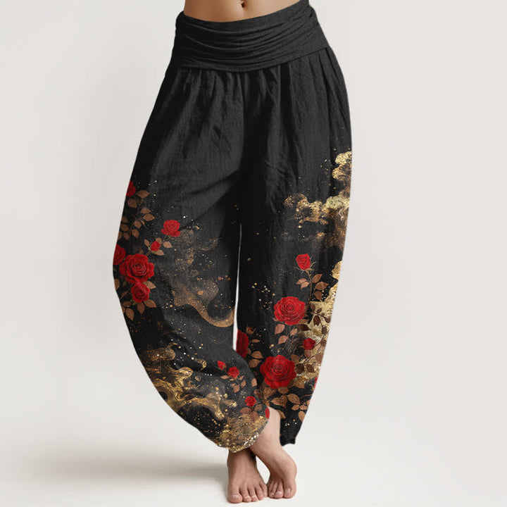 Buddha Stones Cotton Bohemian Rose Cloud Pattern Women's Elastic Waist Harem Pants - Black - US16，UK/AU20，EU48 (3XL) - image 0