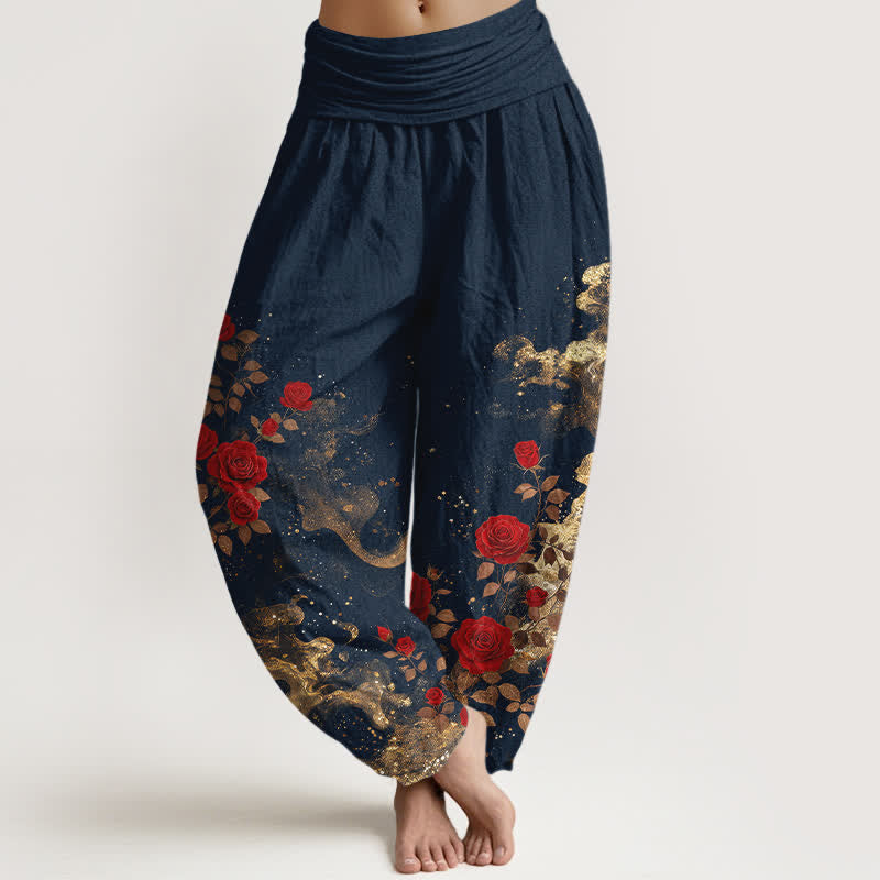 Buddha Stones Cotton Bohemian Rose Cloud Pattern Women's Elastic Waist Harem Pants - MidnightBlue - US16，UK/AU20，EU48 (3XL) - image 5