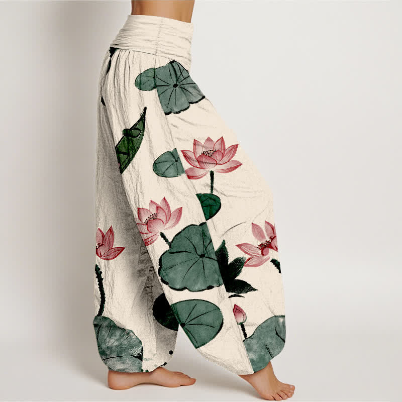 Buddha Stones Cotton Oriental Lotus Pattern Women's Elastic Waist Harem Pants - image 2