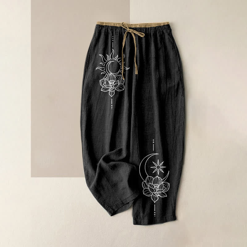 Buddha Stones Pure Cotton Zen Lotus Art Pattern Women's Elastic Waist Pants With Pockets - Black - US16，UK/AU20，EU48 (3XL) - image 4